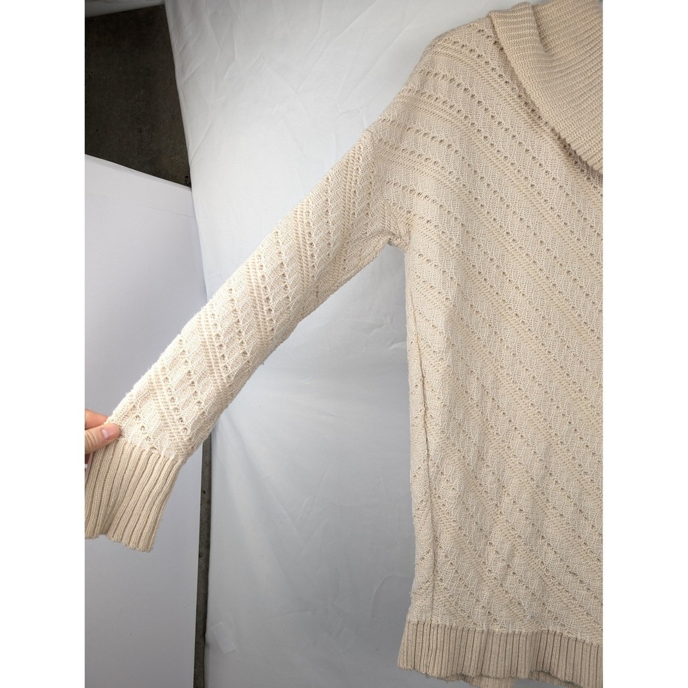 Pointelle Wool Cowl Neck Sweater‎ Size S Tan Cream Cottagecore Preppy Fisherman - Picture 7 of 11